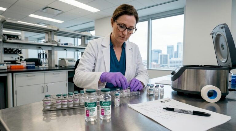 Scientist preparing peptide vials in lab