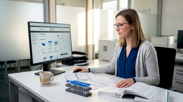 Die Laborleitung prüft die aktuelle Online-Bestellung für Laborbedarf.