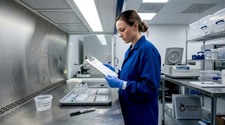 Technician preparing sterile solutions at lab bench