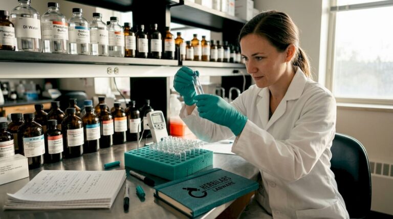 Lab technician storing research reagents
