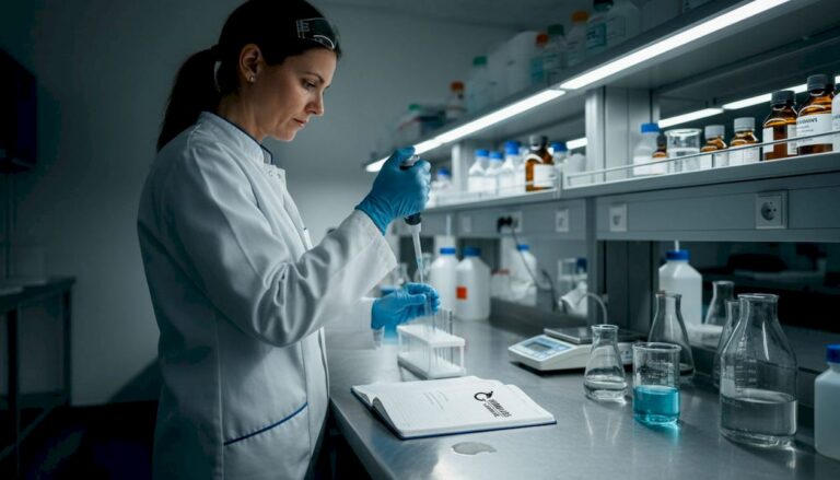 Eine Wissenschaftlerin arbeitet im Labor und pipettiert eine Flüssigkeit.