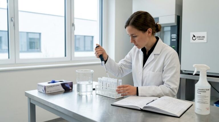 Am Labortisch bereitet eine Wissenschaftlerin verschiedene Wasserproben für die Analyse vor.