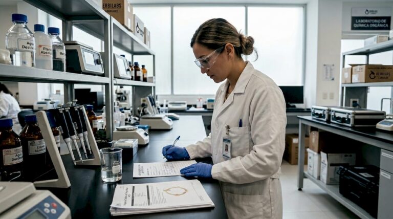 Un técnico revisa la lista de verificación de seguridad en la mesa del laboratorio.