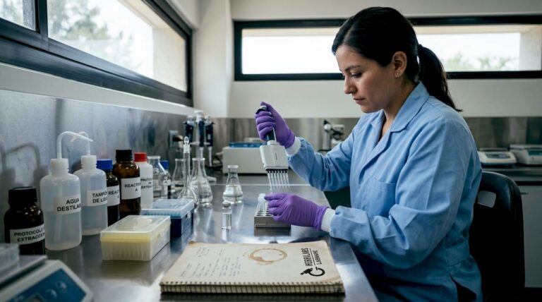 Un científico manipula reactivos con una pipeta en el laboratorio mientras realiza experimentos.