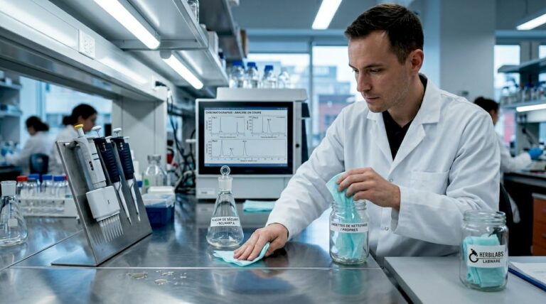 Un technicien en blouse blanche procède au nettoyage du poste de travail dans le laboratoire.