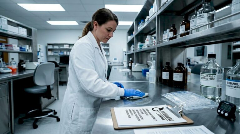 Lab technician prepping sterile workspace
