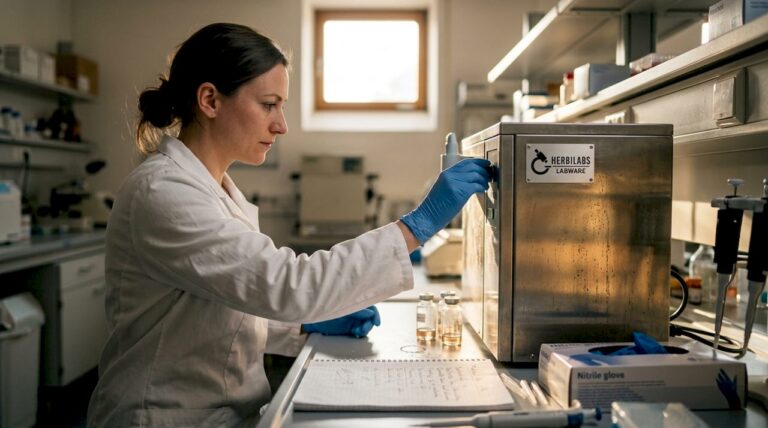 Eine Laborantin bereitet Glasgeräte für den Einsatz im biochemischen Labor vor.