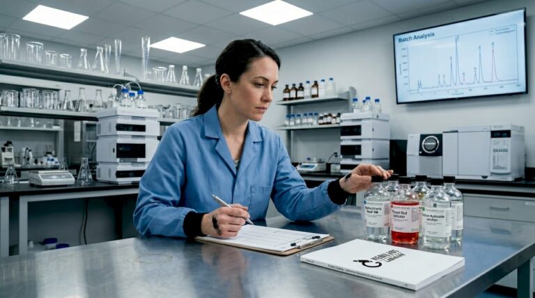 Scientist reviewing reagent quality in laboratory
