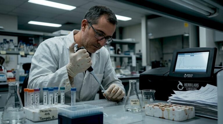 Un investigador lleva a cabo experimentos en un laboratorio especializado en péptidos.