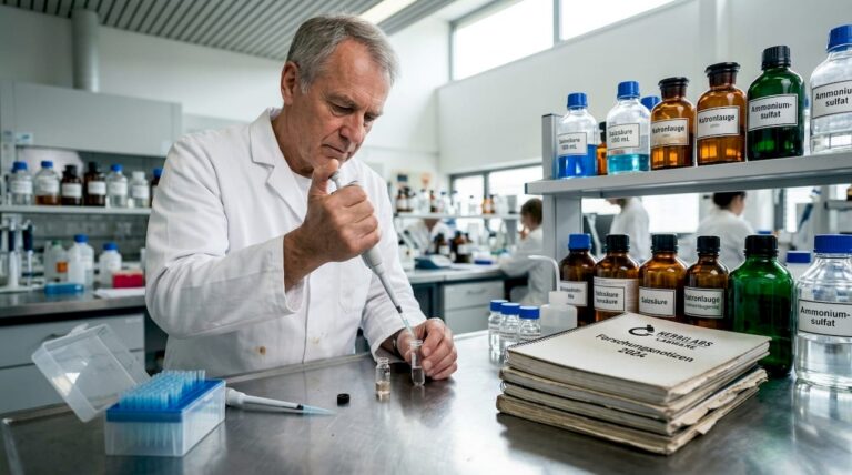 Ein Laborleiter bereitet am Labortisch verschiedene Reagenzien für die nächsten Versuche vor.