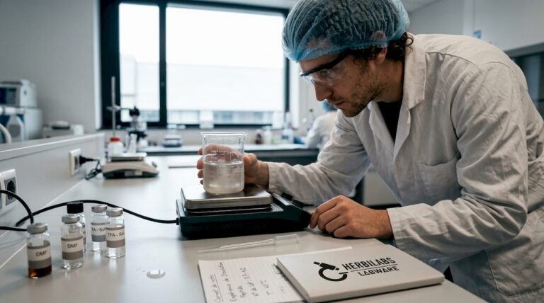 Un technicien contrôle la dissolution d’un peptide au laboratoire.