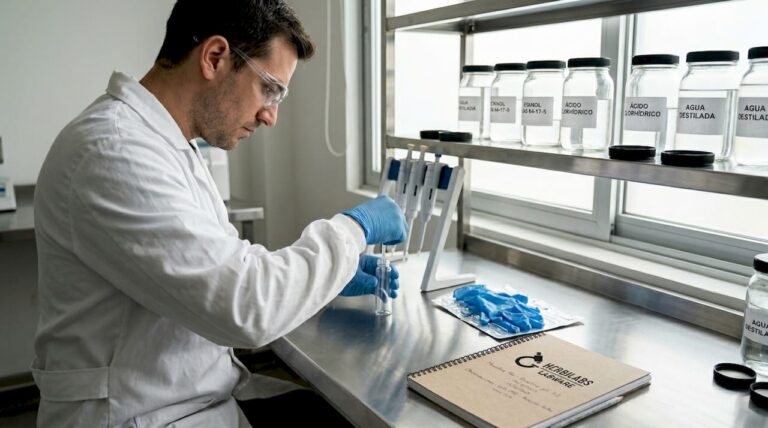 Técnico manipula vial en laboratorio certificado