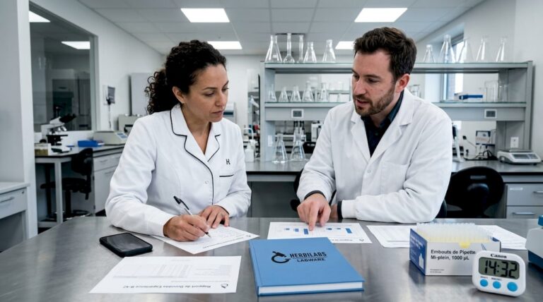 Des chercheurs échangent autour de leurs résultats, rassemblés autour d’une paillasse au laboratoire.