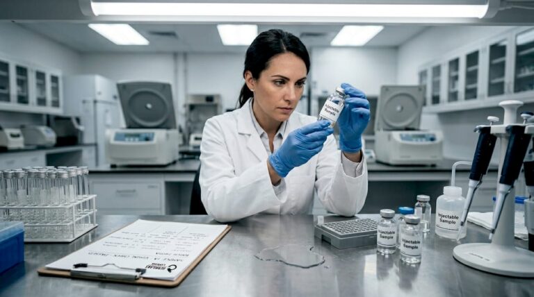 Lab technician inspects sterile injectable vial