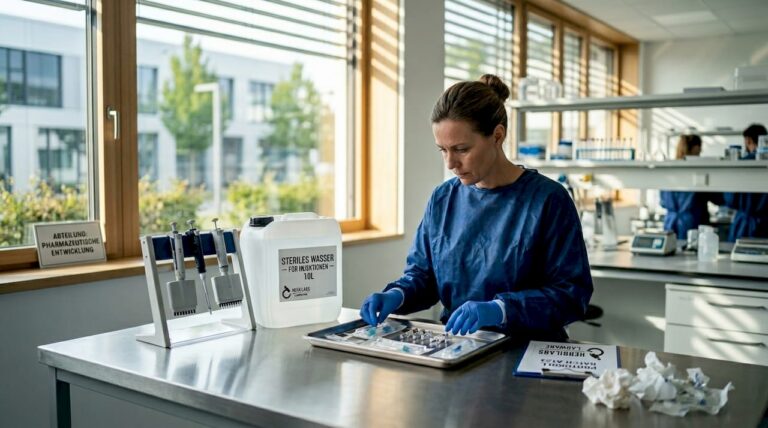 Eine Wissenschaftlerin kontrolliert steriles Labormaterial am Vorbereitungstisch.