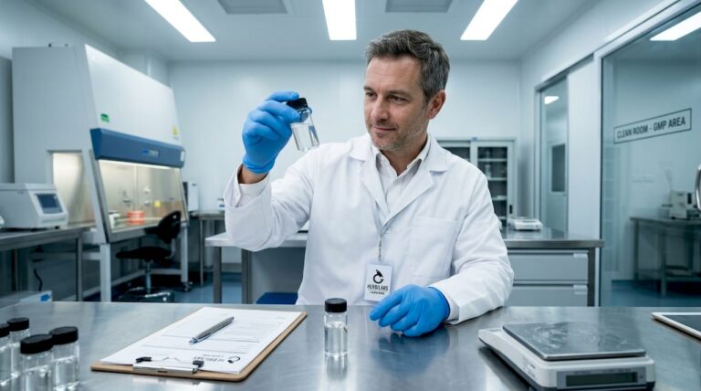 Lab technician inspecting GMP glassware
