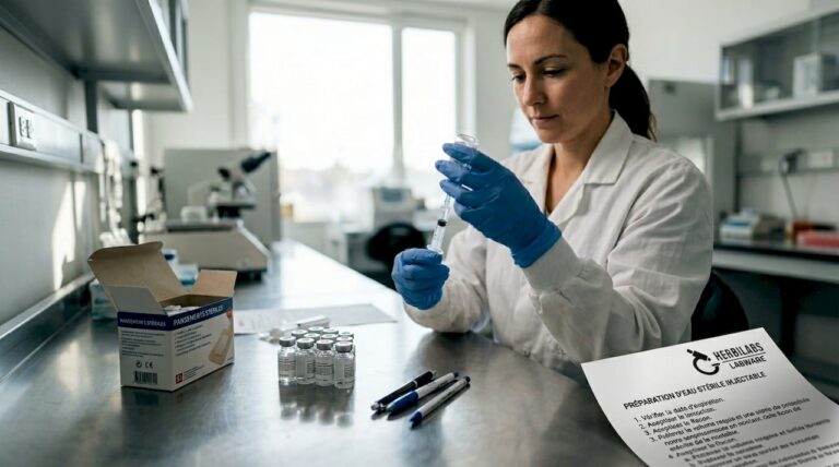 Une technicienne prépare une seringue remplie d’eau injectable dans un laboratoire.