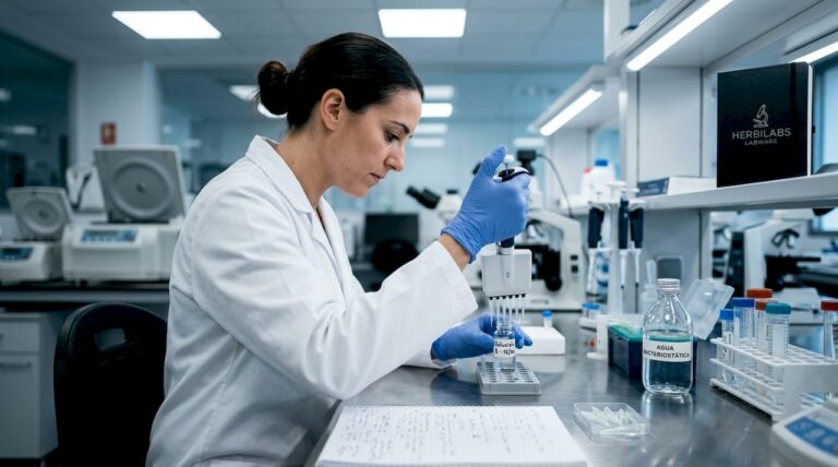 Especialista manipulando una solución de péptidos en el laboratorio