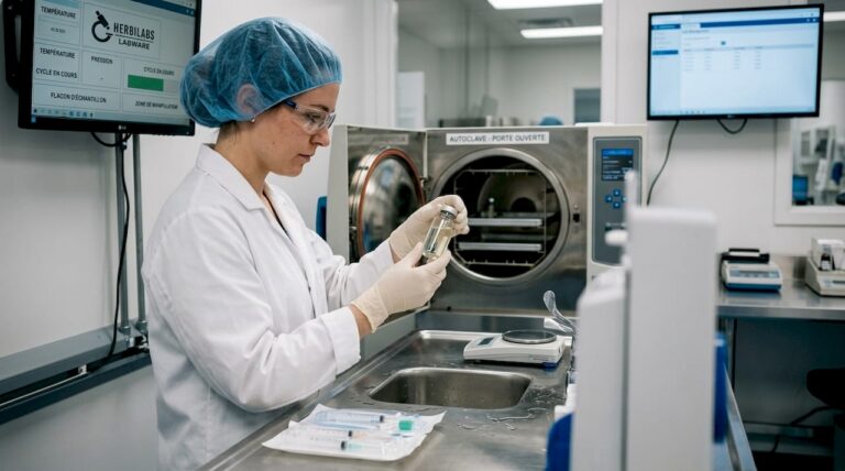 Un technicien examine attentivement un flacon stérile dans un laboratoire.