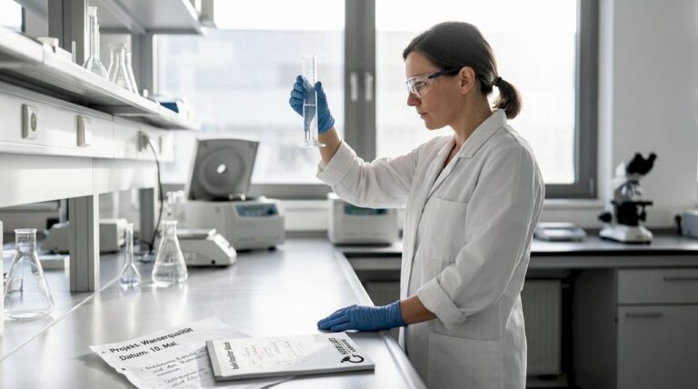 Eine Laborkraft analysiert eine Wasserprobe im Labor.