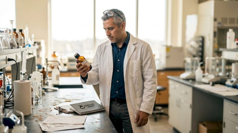 Investigador analizando un reactivo sobre la mesa del laboratorio