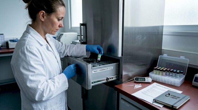 Un technicien de laboratoire range un flacon de peptide au congélateur.