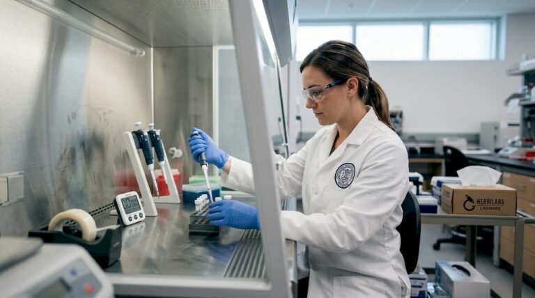 Lab technician inspects sterile samples in lab