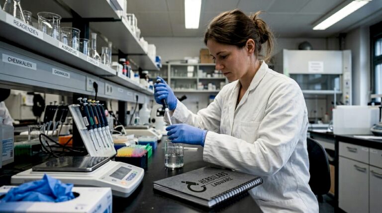 Eine Labormitarbeiterin stellt am Arbeitstisch eine wissenschaftliche Lösung her.