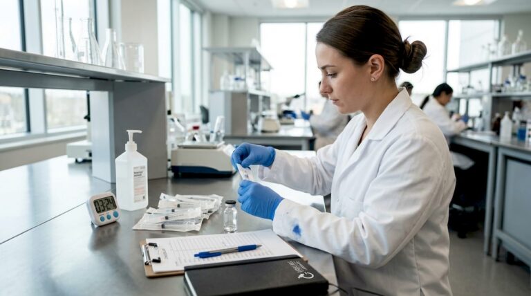 Technician preparing sterile injection supplies in lab