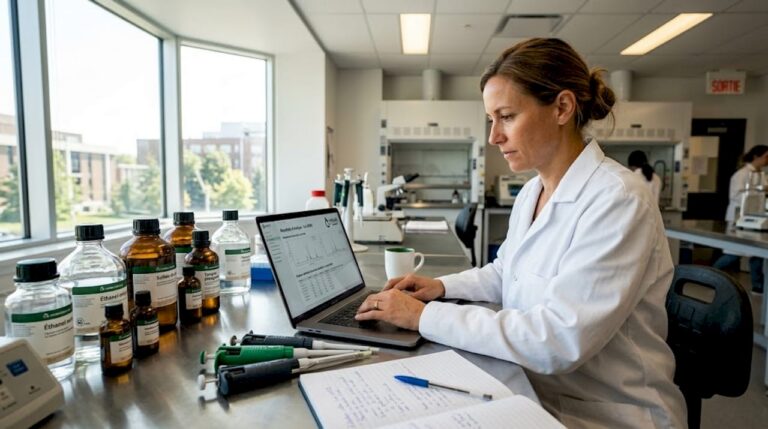 Une scientifique concentrée sur l’analyse de ses résultats, entourée par la lumière du laboratoire.