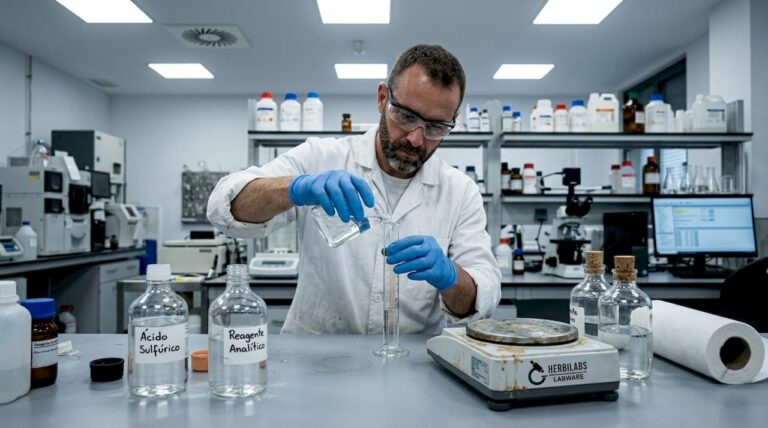 Un técnico realiza mediciones de un disolvente en el laboratorio de química.