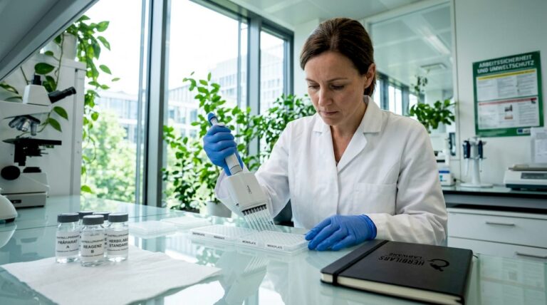 Eine Labormitarbeiterin pipettiert Proben im Biotechnologie-Labor.