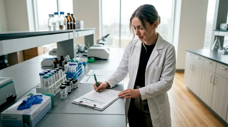Lab technician reviewing quality checklist at bench