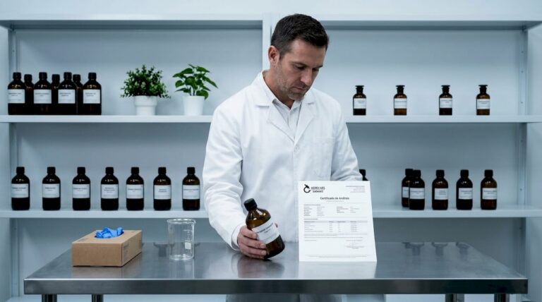 Un investigador verifica la calidad de un reactivo certificado en el laboratorio.