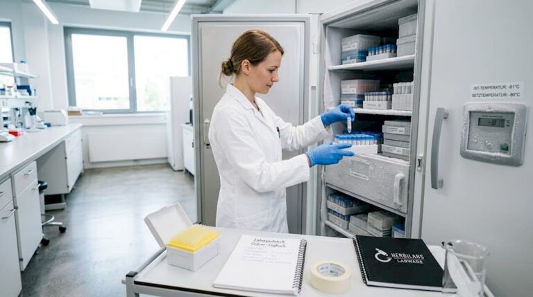 Ein Wissenschaftler lagert Chemikalien in einem Ultra-Tiefkühlschrank.