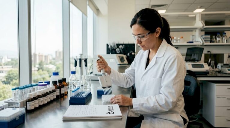 Un científico manipula una pipeta mientras trabaja en una mesa de laboratorio repleta de material.