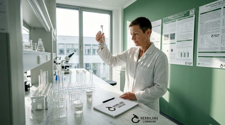 Eine Laborantin kontrolliert sorgfältig das Glasmaterial auf ihrem Arbeitstisch.
