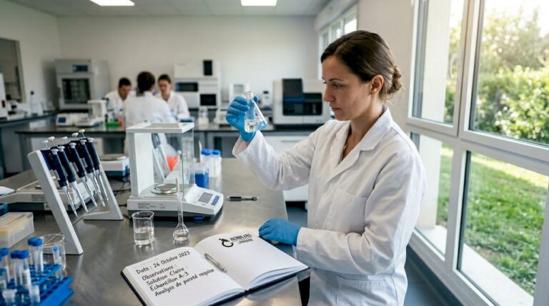 Une chercheuse observe attentivement une solution transparente dans son laboratoire.