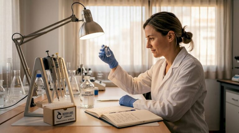 Un investigador de laboratorio examina cuidadosamente un frasco de péptidos.