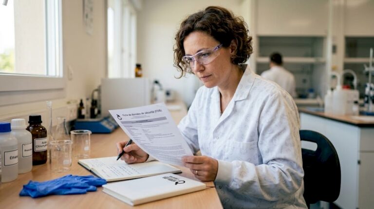 Un technicien de laboratoire consulte une fiche de sécurité avant de manipuler des produits chimiques.