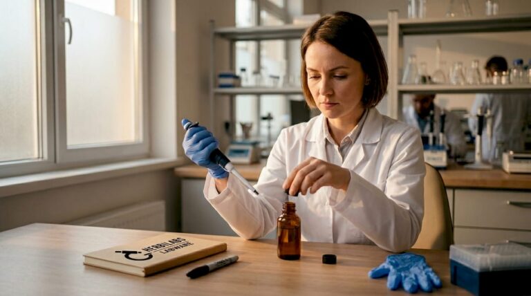 Lab technician preparing peptide reconstitution
