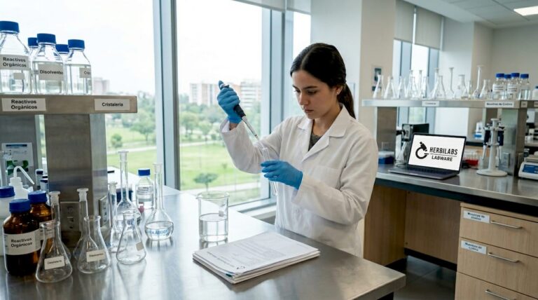 Técnico de laboratorio aplicando medidas de seguridad en su trabajo