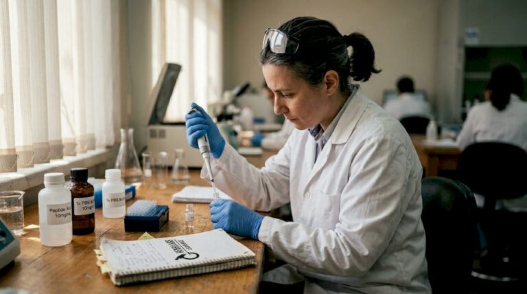 Researcher preparing peptide dilution at lab bench