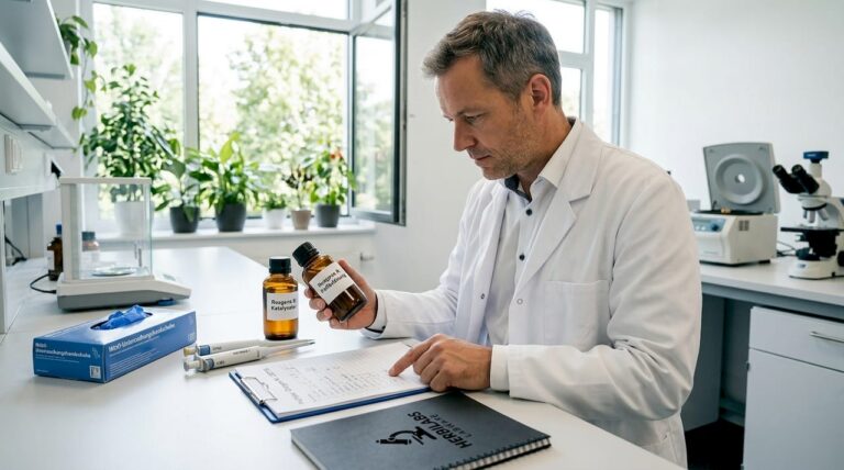 Eine Wissenschaftlerin steht am Labortisch und sucht sorgfältig die passenden Reagenzien für ihr Experiment aus.