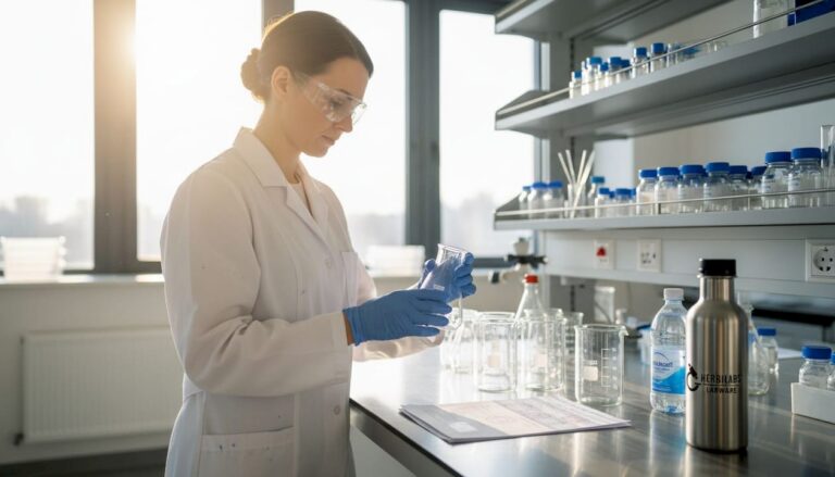 Lab technician examining ISO-certified beakers