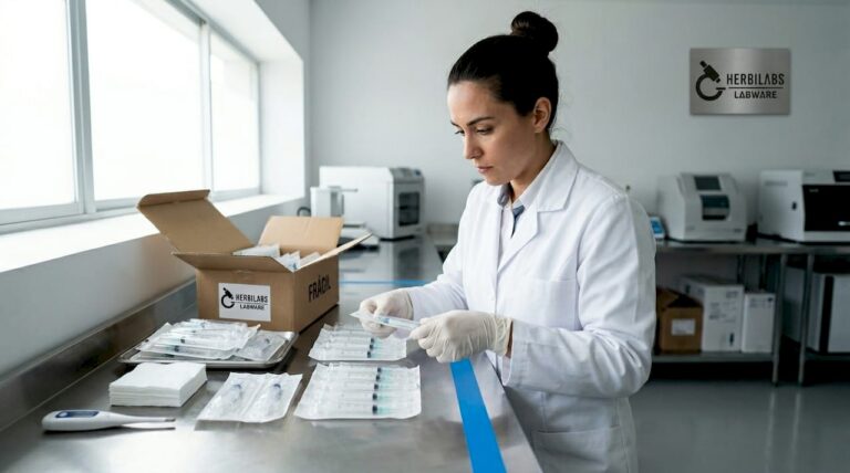 Una técnica inspecciona cuidadosamente jeringas estériles dentro del laboratorio, asegurándose de que cumplan con los estándares de calidad y seguridad.