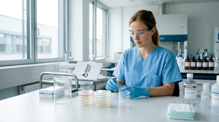 Eine Laborfachkraft stellt unter sterilen Bedingungen Lösungen her.