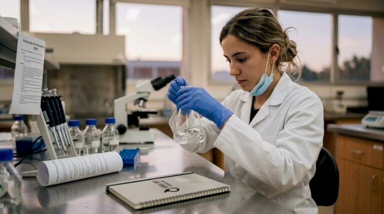 Técnico de laboratorio preparando soluciones estériles en el laboratorio.