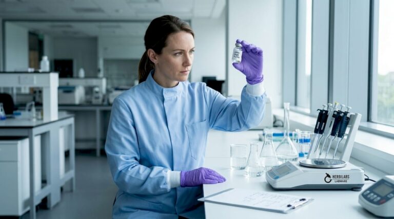 Scientist inspecting high purity chemical in lab