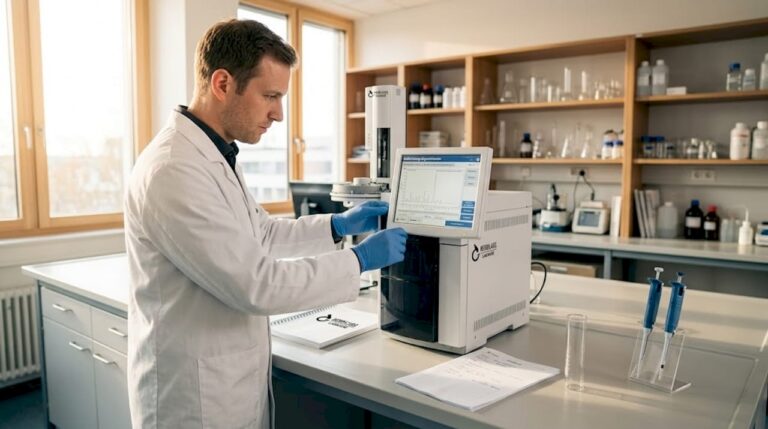 Ein Wissenschaftler überprüft ein Gerät im Labor an der Werkbank.